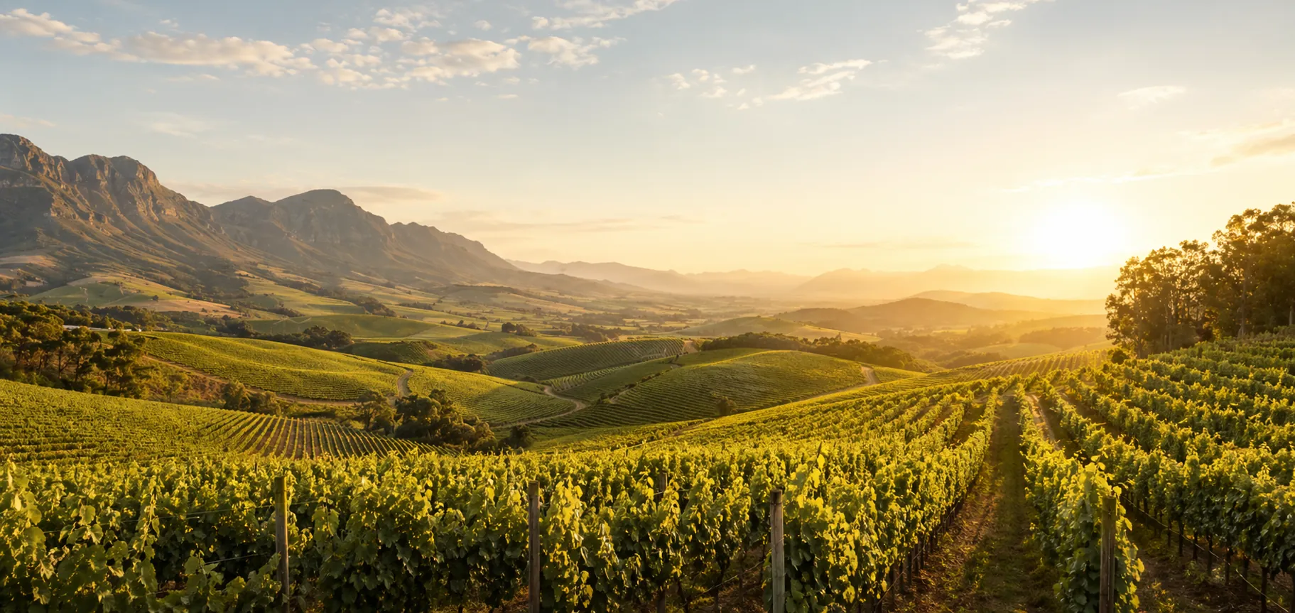Panoramic vineyard landscape in the Western Cape with rolling vines and distant mountains